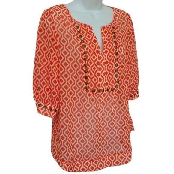 41 Hawthorn Stitch Fix Geometric Print Top Pintuck Pleat Studded Size M Orange - Picture 1 of 11